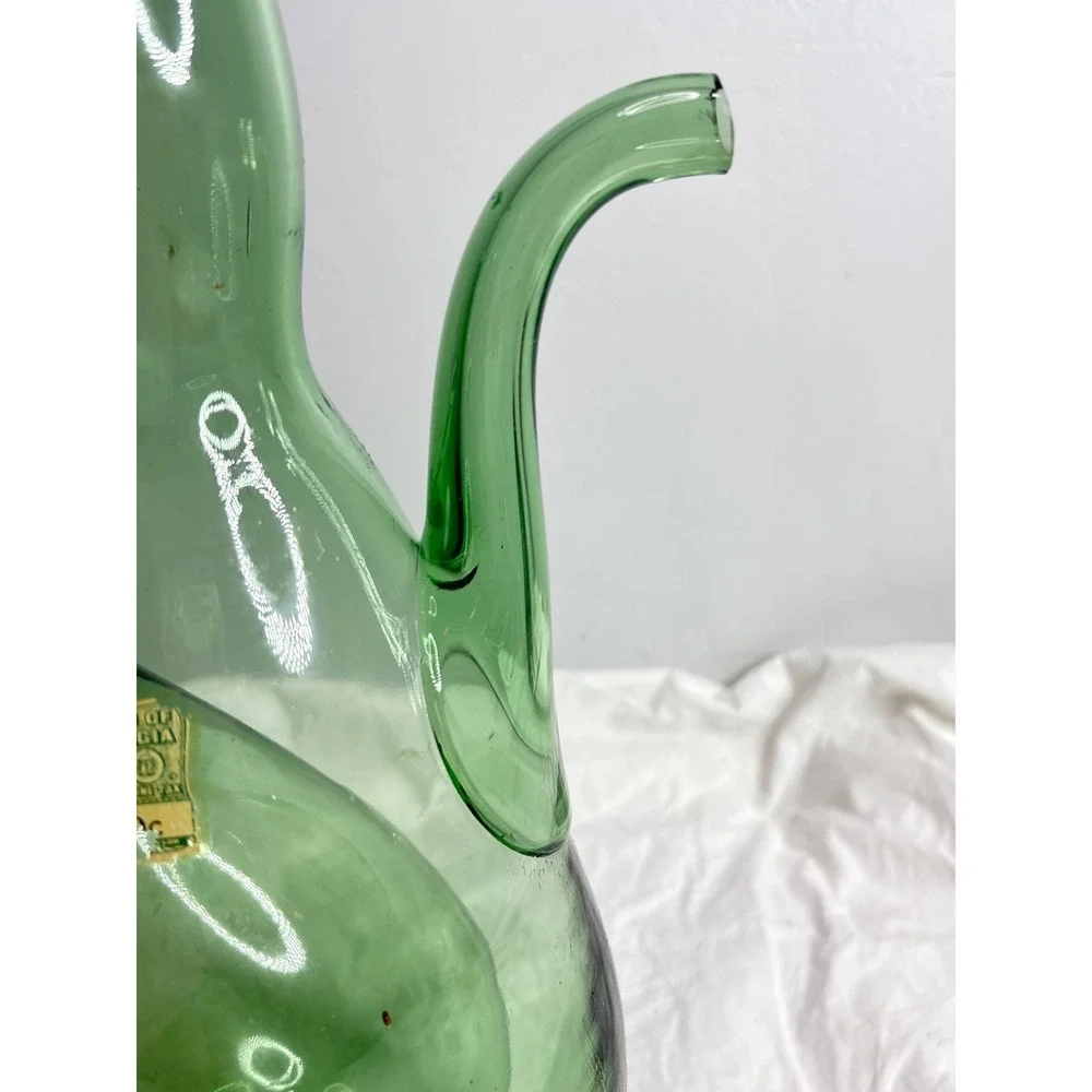 Vintage Green Glass Wine Carafe Decanter with Handle and Spout Unique Art Glass